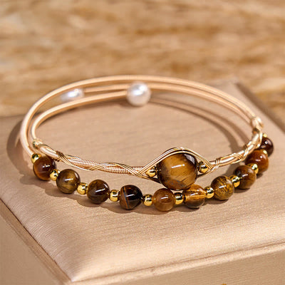 Bracelet manchette de protection en cuivre plaqué or 14 carats et œil de tigre 14-16 cm