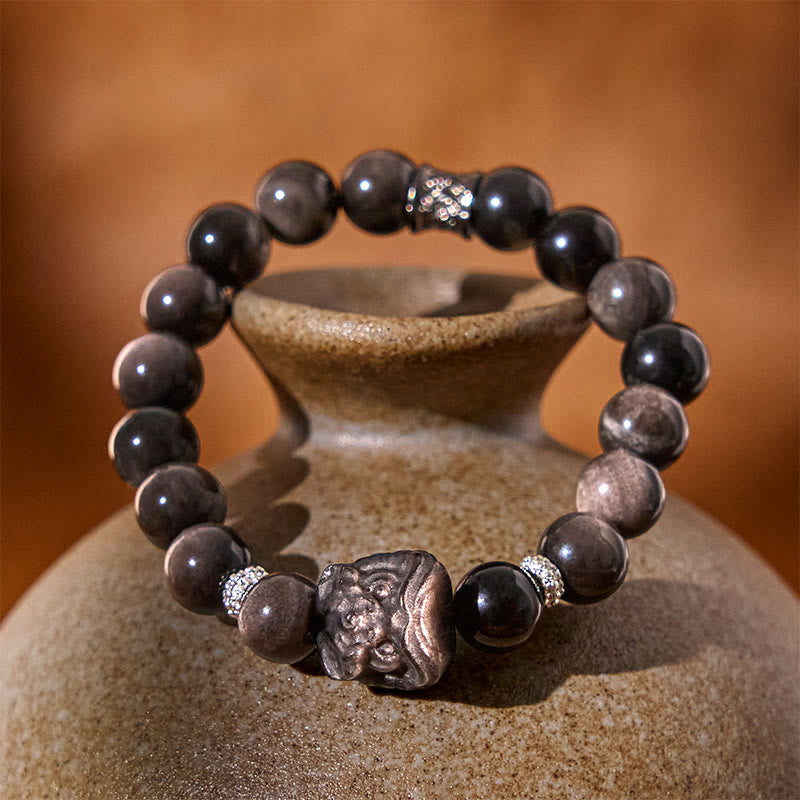 8mm Silver Sheen Obsidian Lion Dance Protection Bracelet