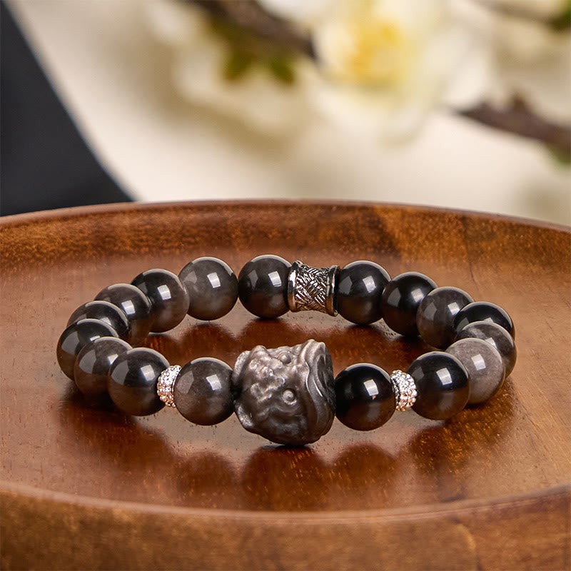 8mm Silver Sheen Obsidian Lion Dance Protection Bracelet