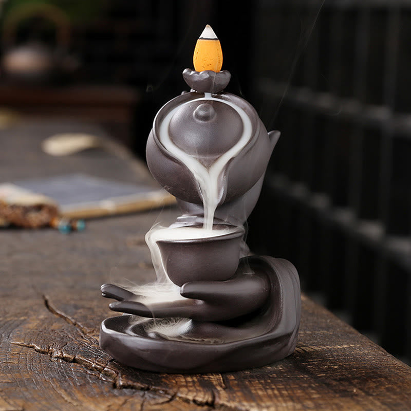 Brûleur d'encens à refoulement en céramique en forme de main de Bouddha 13,7 cm