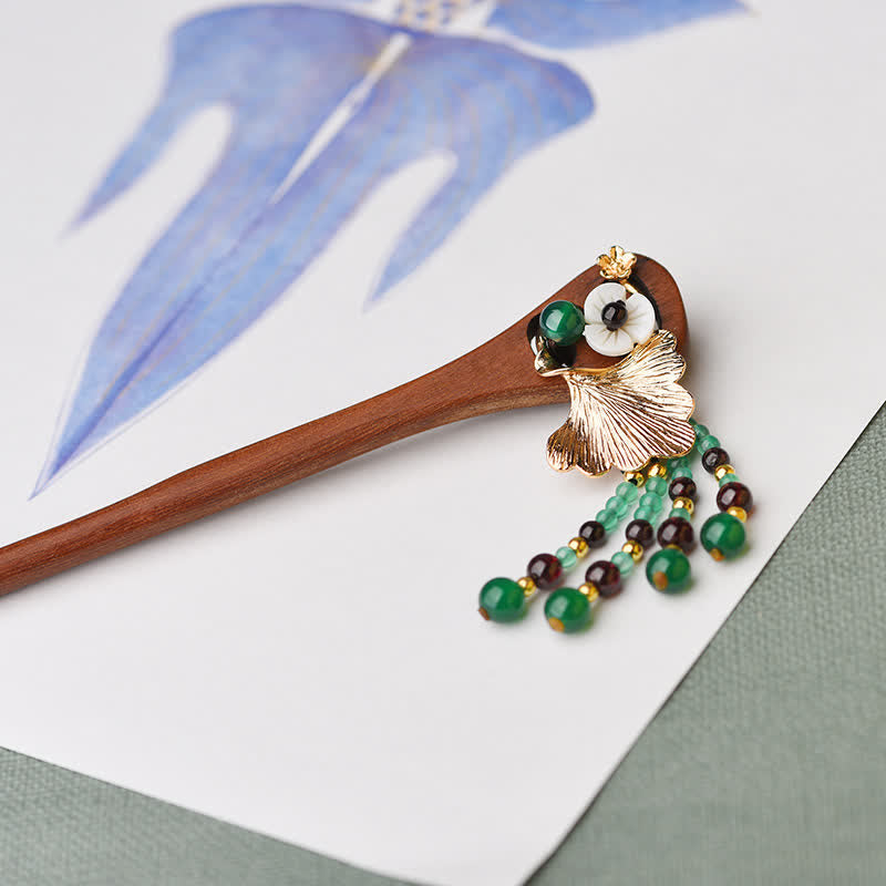 Épingle à cheveux de protection en bois de santal rouge et agate verte de 17 cm