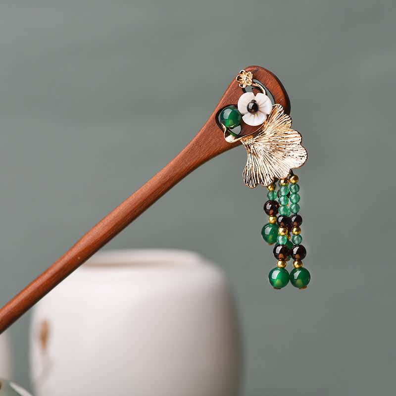 Épingle à cheveux de protection en bois de santal rouge et agate verte de 17 cm