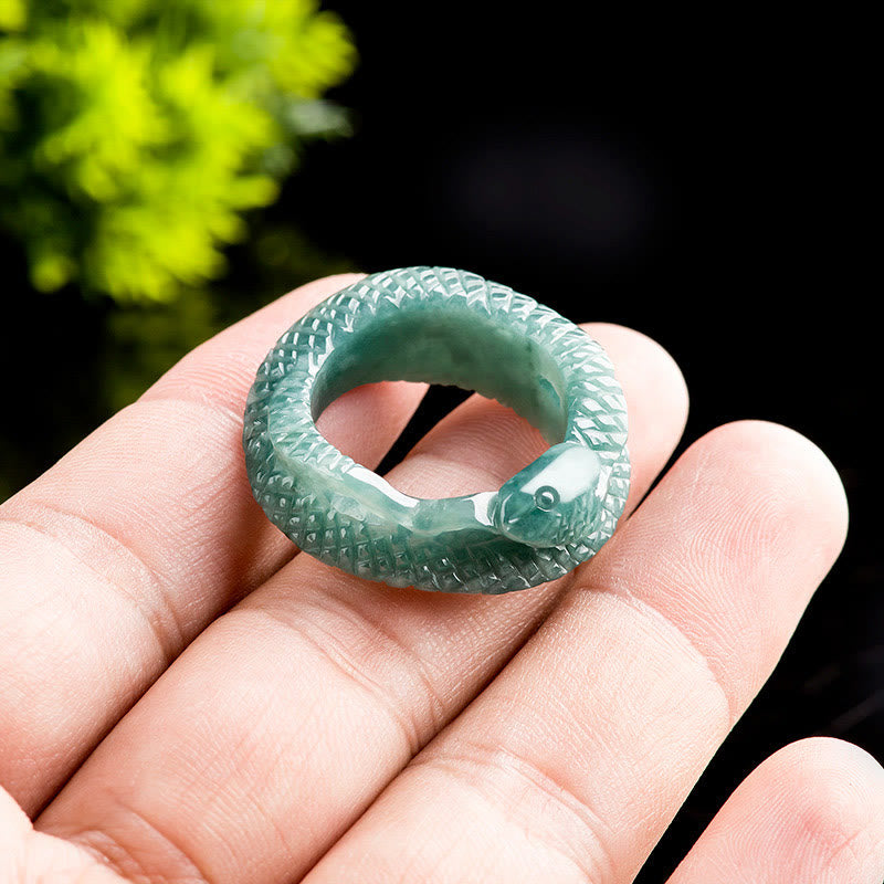 Bague de protection et de prospérité en jade naturel sculptée en forme de serpent de 17 mm