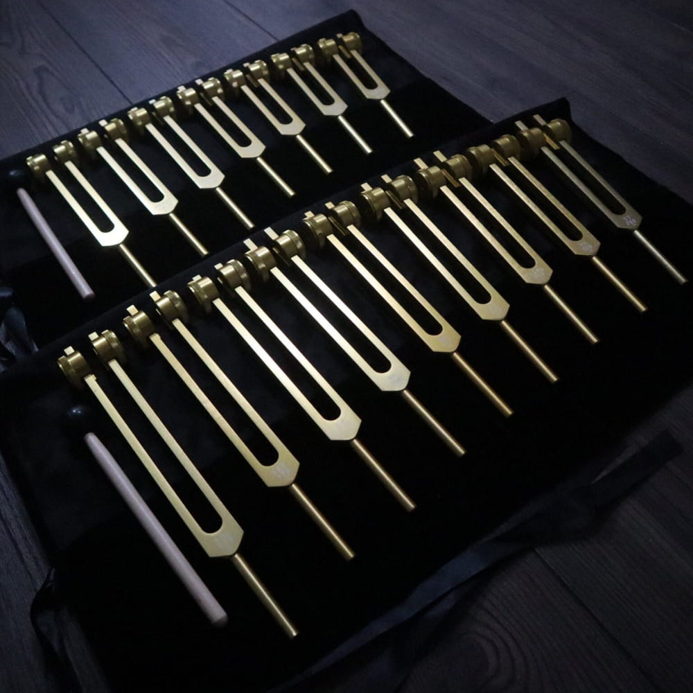 Collection of tuning forks in rows from 17pc Solfeggio & Chakra Tuning Fork Set Gold