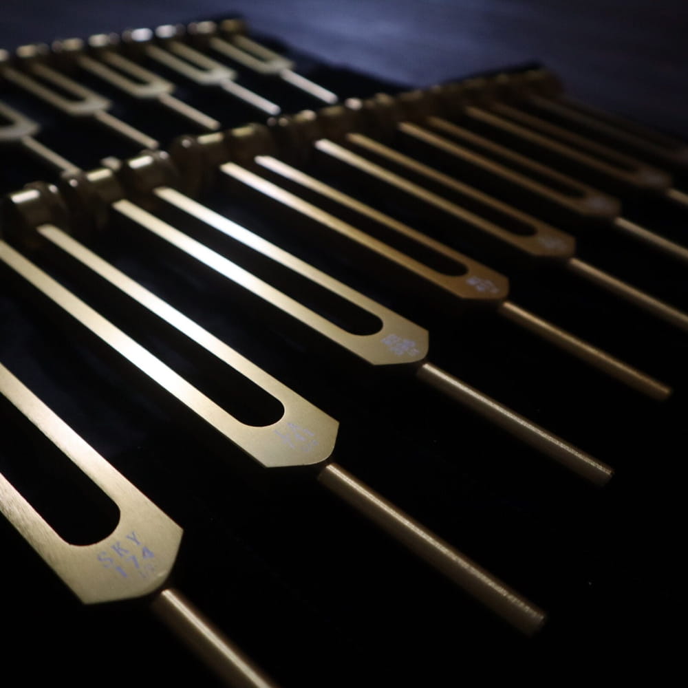 Metallic tuning forks in a row from 17pc Solfeggio & Chakra Tuning Fork Set Gold
