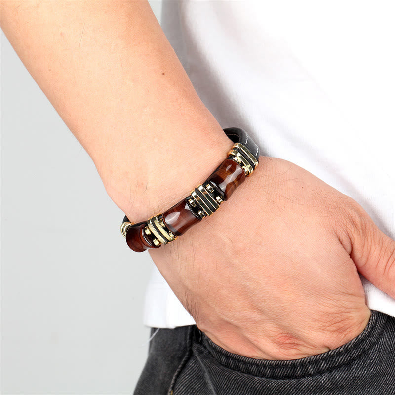 Bracelet de protection en cuir œil de tigre avec pierres de bambou (18-22 cm)