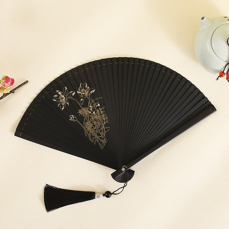 Éventail pliable en bambou de 18 cm avec motif hibiscus et fleur de prunier
