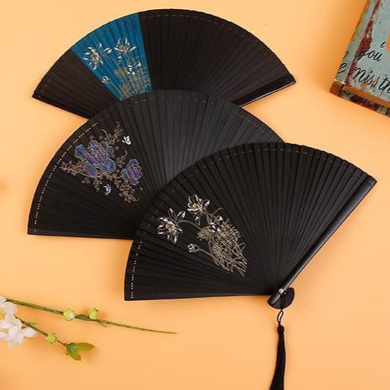 Éventail pliable en bambou de 18 cm avec motif hibiscus et fleur de prunier
