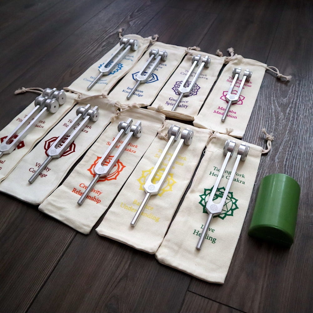 18pc Tuning Fork Set in Pouches with Chakra Symbols for Healing Frequencies