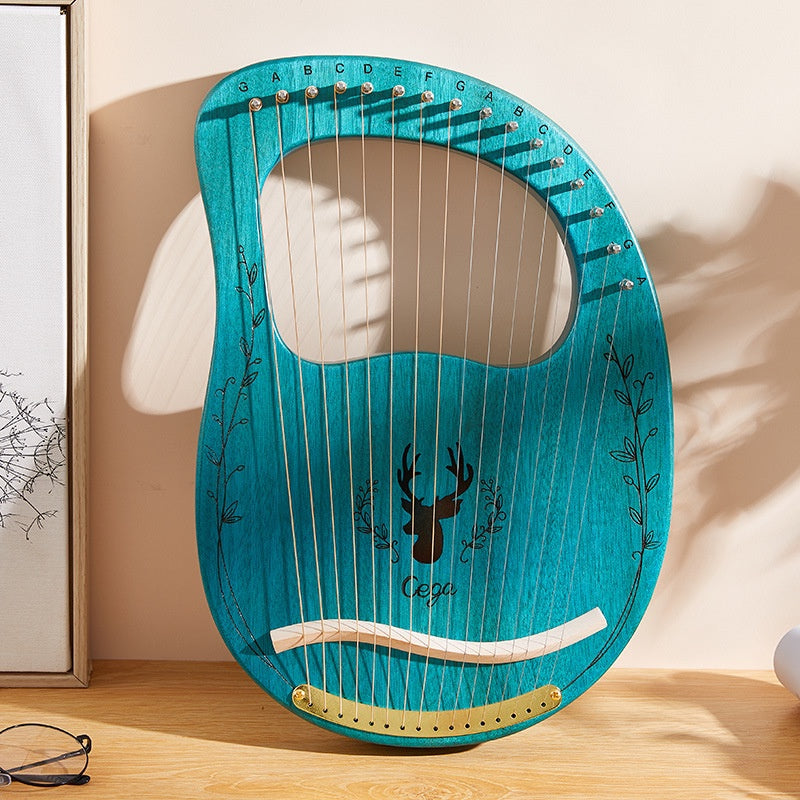 Turquoise Lyre Harp with Decorative Deer Design and Metal Strings for Sale