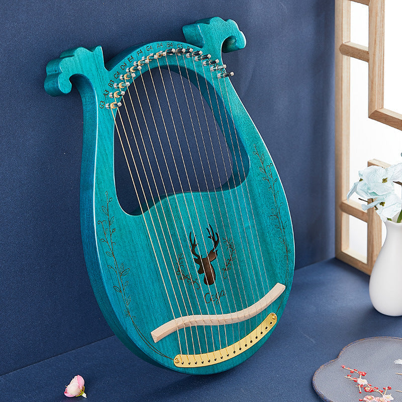 Turquoise Lyre Harp with Gold Accents and Deer Motif in Mahogany Instrument