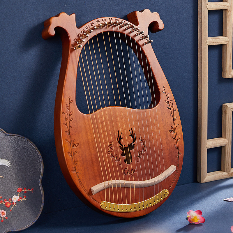 Wooden Lyre Harp with Deer Antler Design and Floral Patterns in Mahogany Finish