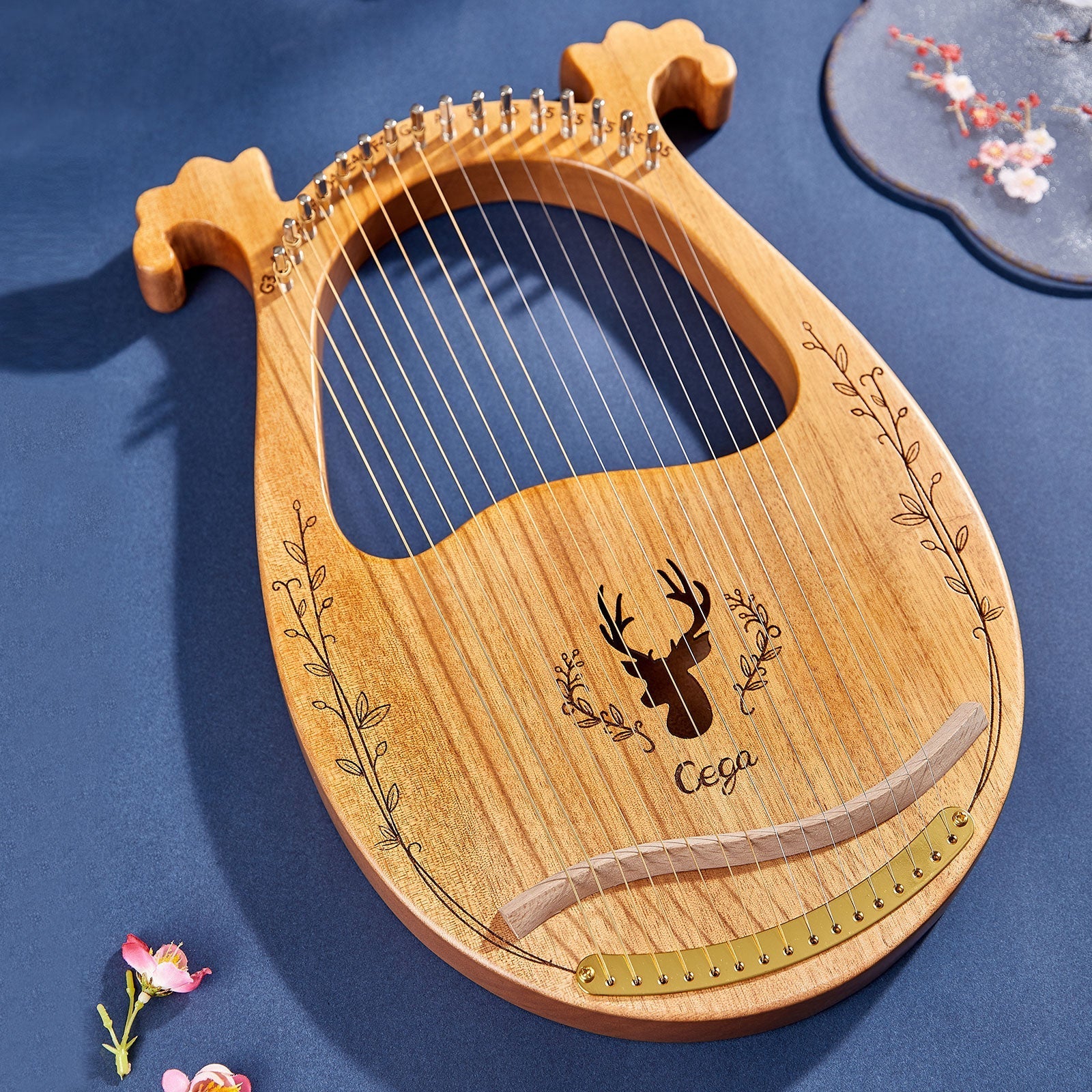 Wooden Lyre Harp with Deer Head Engraving in Mahogany Finish, 16-String & 19-String