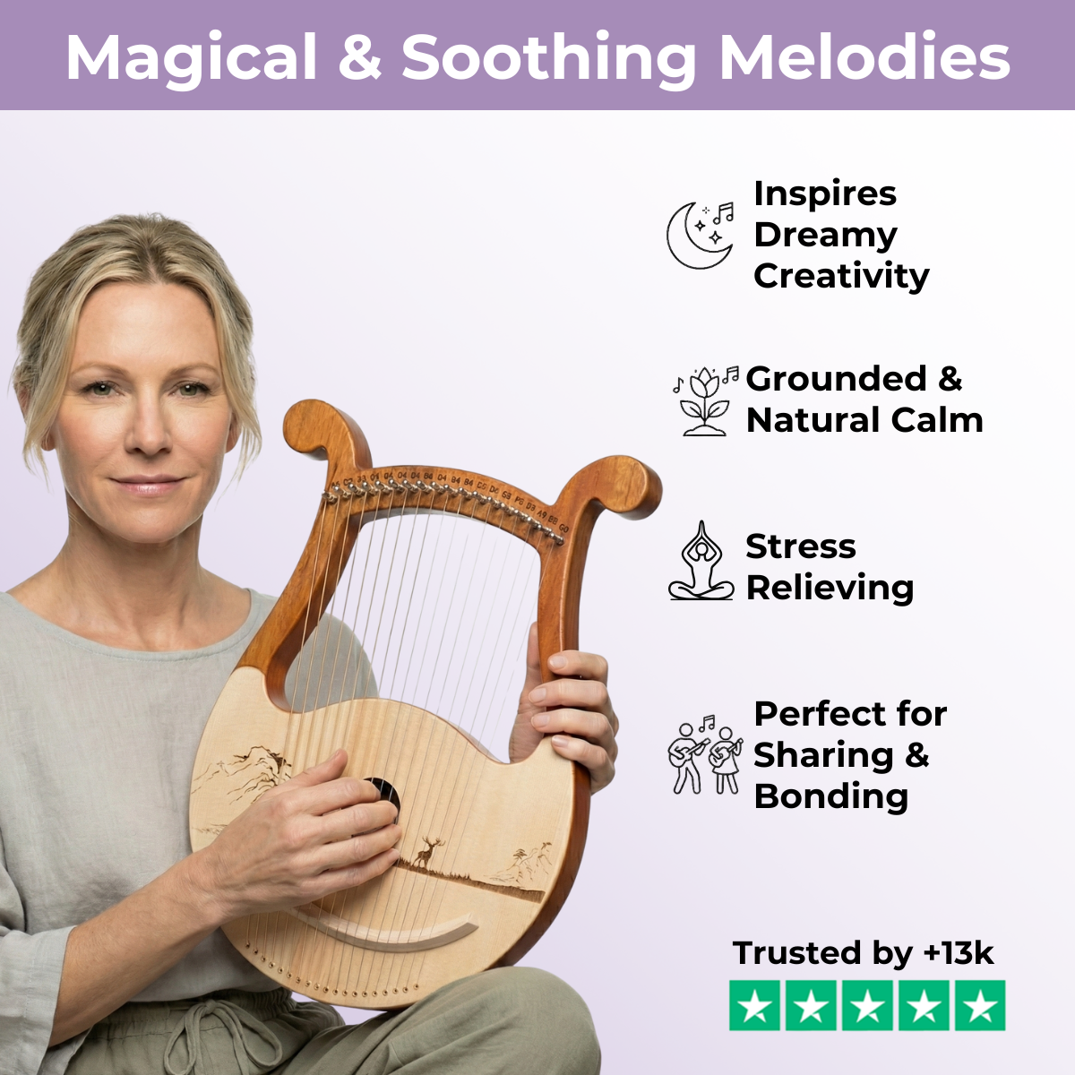 Harpe lyre en bois à 19 cordes pour débutants