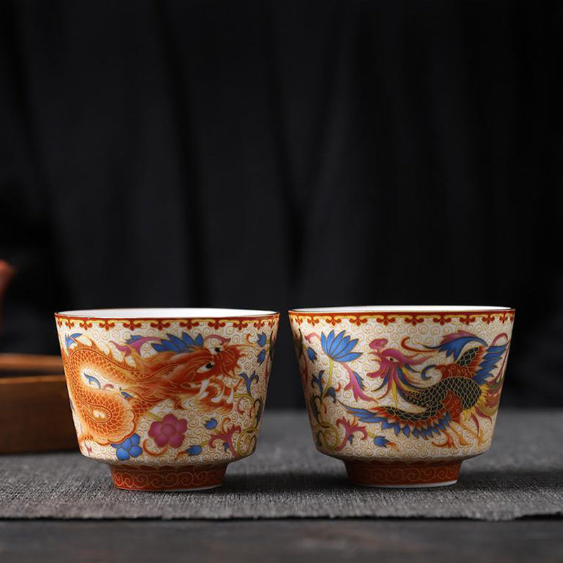 Lot de 2 tasses à thé en céramique motif dragon et phénix pour décoration zen