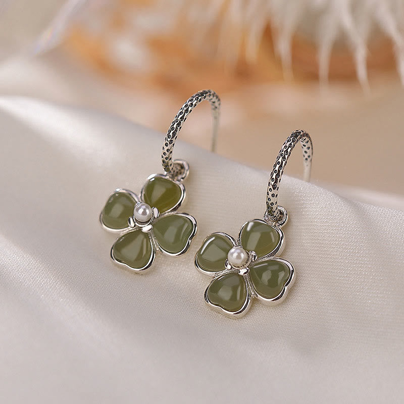 Boucles d'oreilles porte-bonheur en argent sterling 925 et jade cyan, trèfle à quatre feuilles