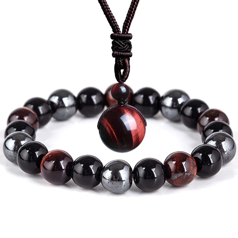 Ensemble bracelet et collier unisexe en œil de tigre avec perles de 10 mm pour la protection