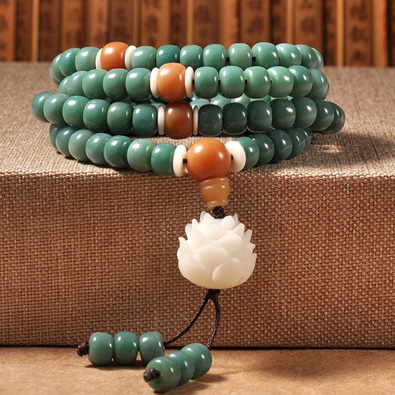108-Bead Bodhi Seed Success Bracelet with Lotus Symbol