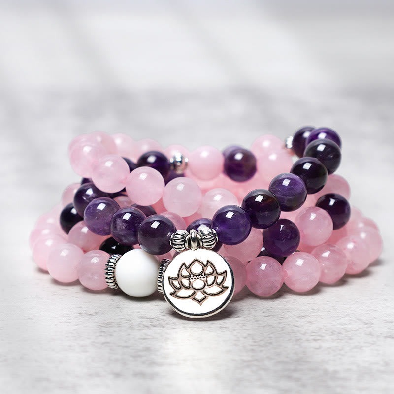 Bracelet Mala de méditation en quartz rose et améthyste de 6 mm