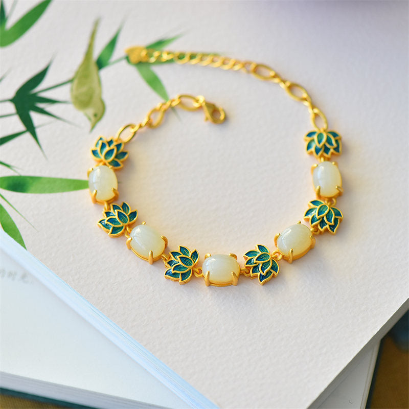 White Jade Cyan Jade Protection Bracelet Lotus Symbol