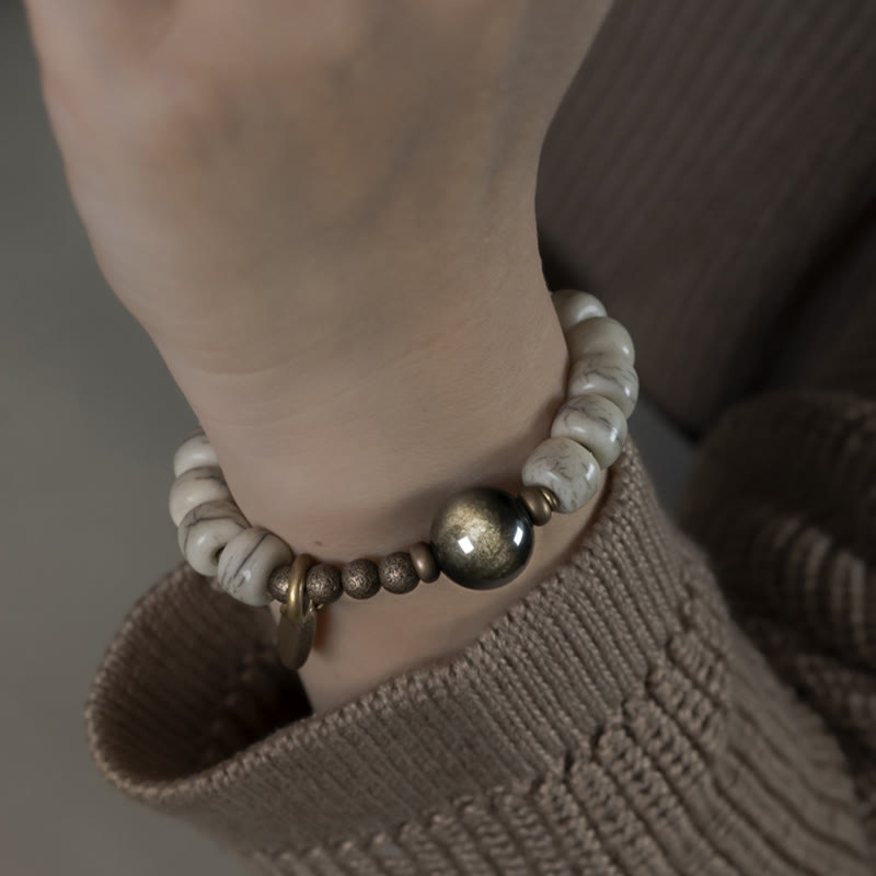 Bracelet unisexe en obsidienne dorée et os de yak