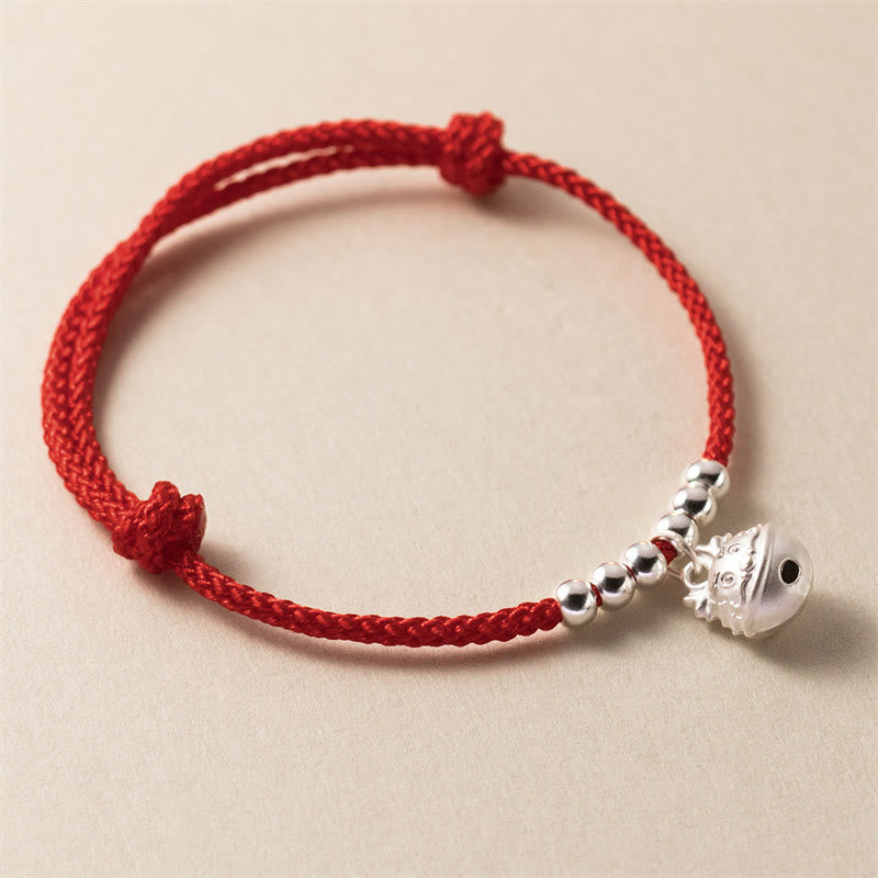 925 Sterling Silver Dragon Carved Success Bracelet with Red Rope Protection
