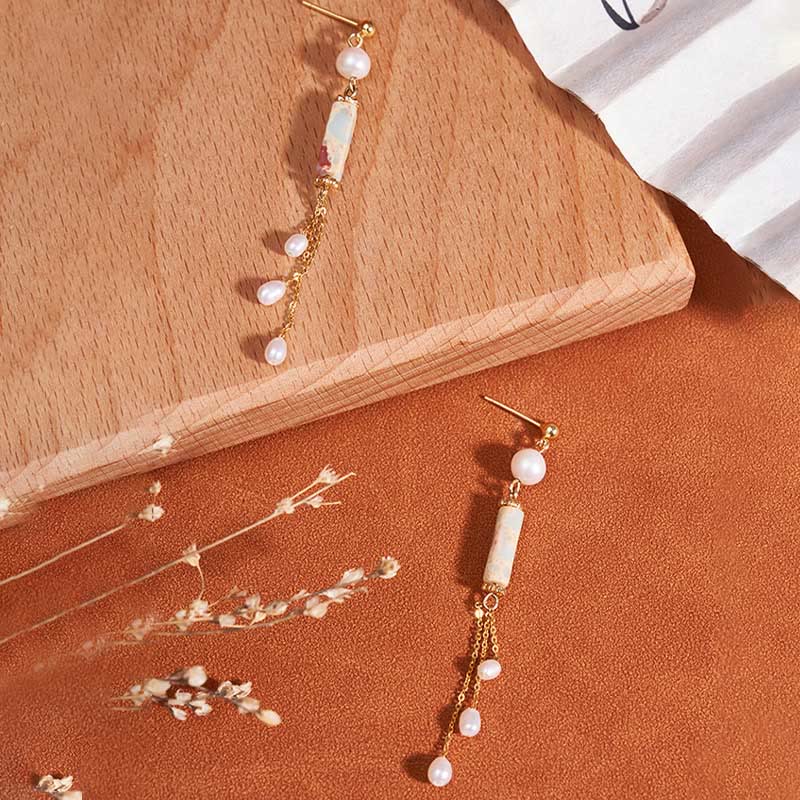 925 Sterling Silver Shoushan Stone Pearl Healing Drop Earrings