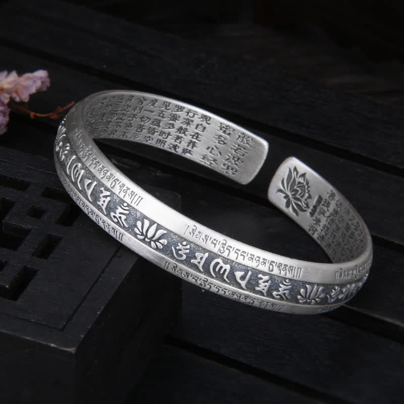 Adjustable Sterling Silver Om Mani Padme Hum Lotus Peace Bracelet