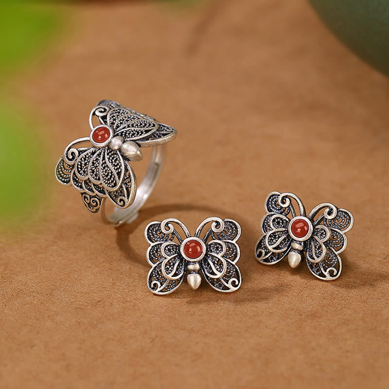 Red Agate Butterfly Ring & Earrings Set for Self-Acceptance