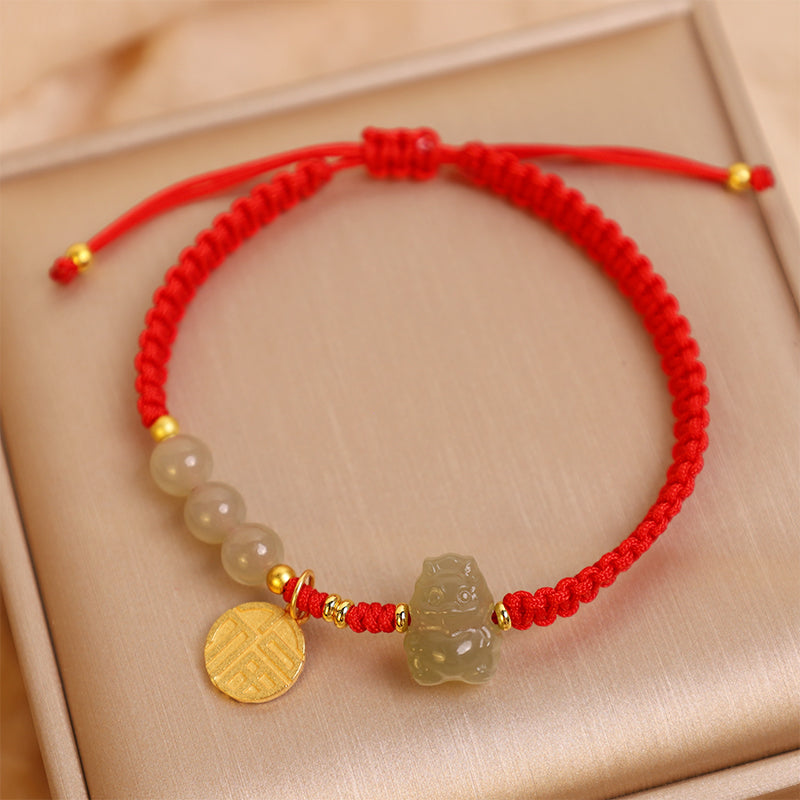 Unisex Hetian Jade Dragon Bracelet with Fu Character for Luck