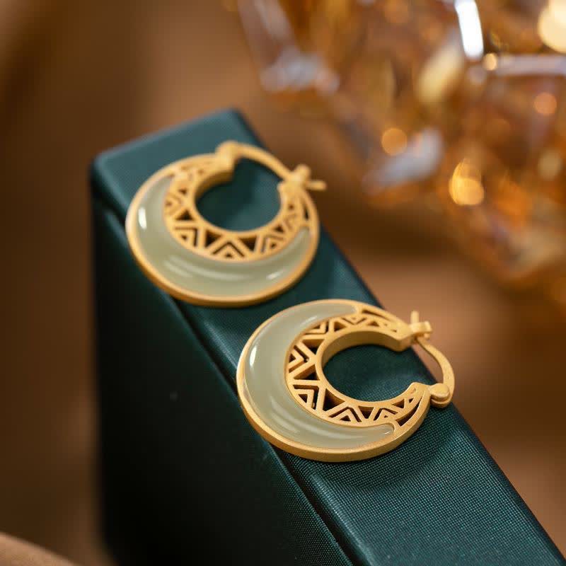 Crescent Moon Jade Prosperity Drop Earrings 23x21mm