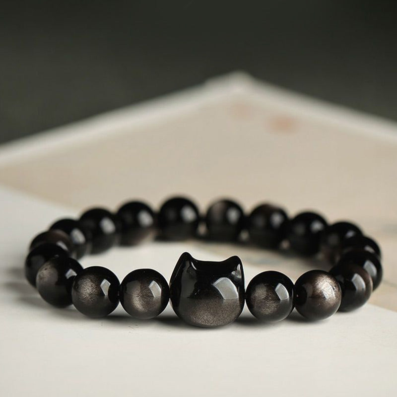 Gold Sheen Obsidian Lucky Cat Protection Bracelet 8mm