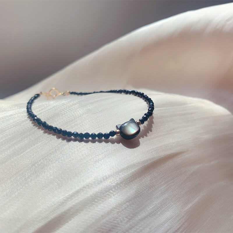 Bracelet en quartz transparent avec cristal blanc et breloque chat guérisseur plaquée or 14 carats