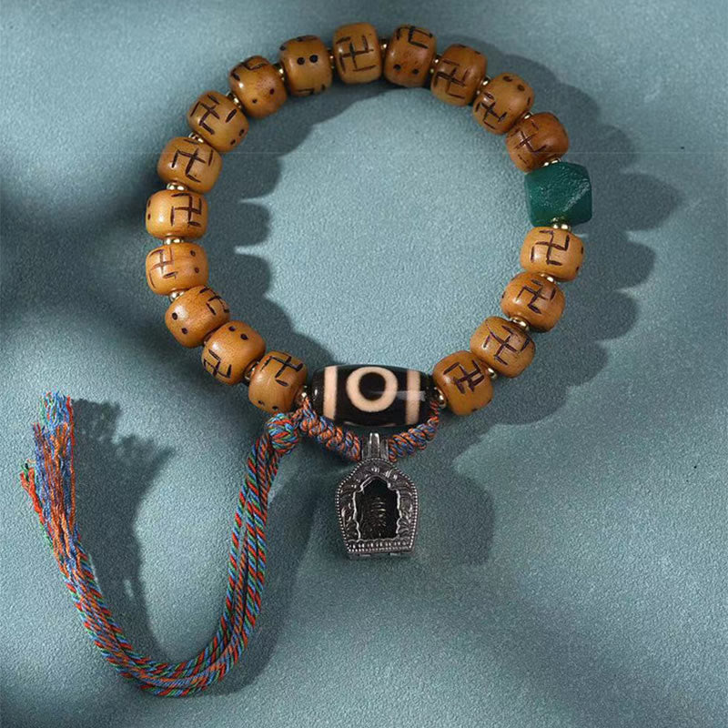 Camel Bone Swastika Dzi Buddha Bracelet for Luck & Protection