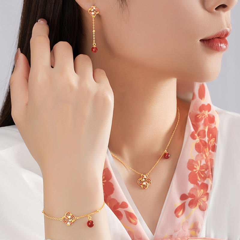 925 Sterling Silver Koi Fish Jewelry Set with Red Agate Pearl