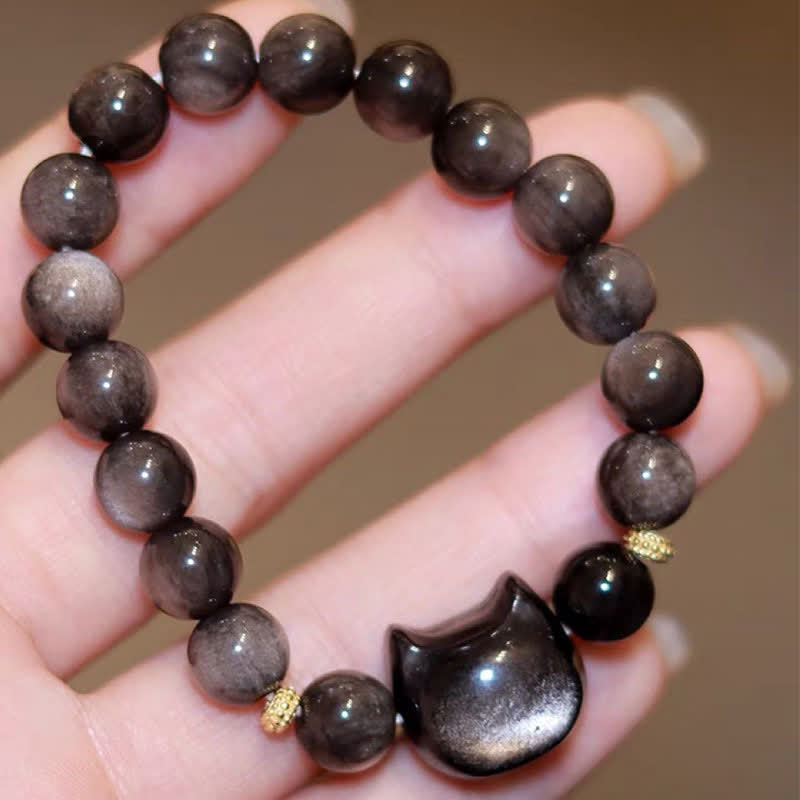Gold Sheen Obsidian Lucky Cat Protection Bracelet 8mm