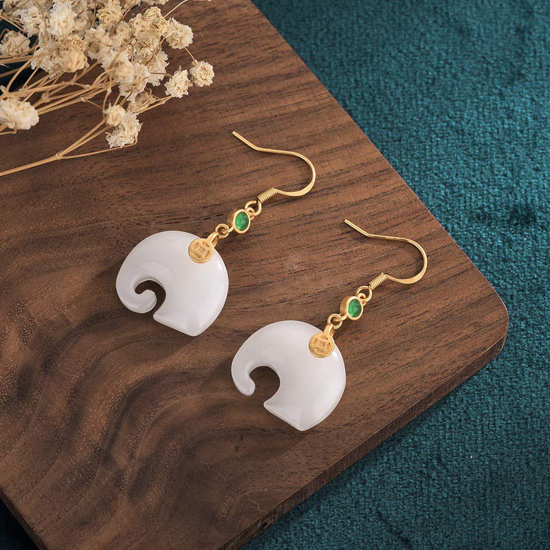 Boucles d'oreilles éléphant en jade blanc de 40 mm pour la fortune et la chance