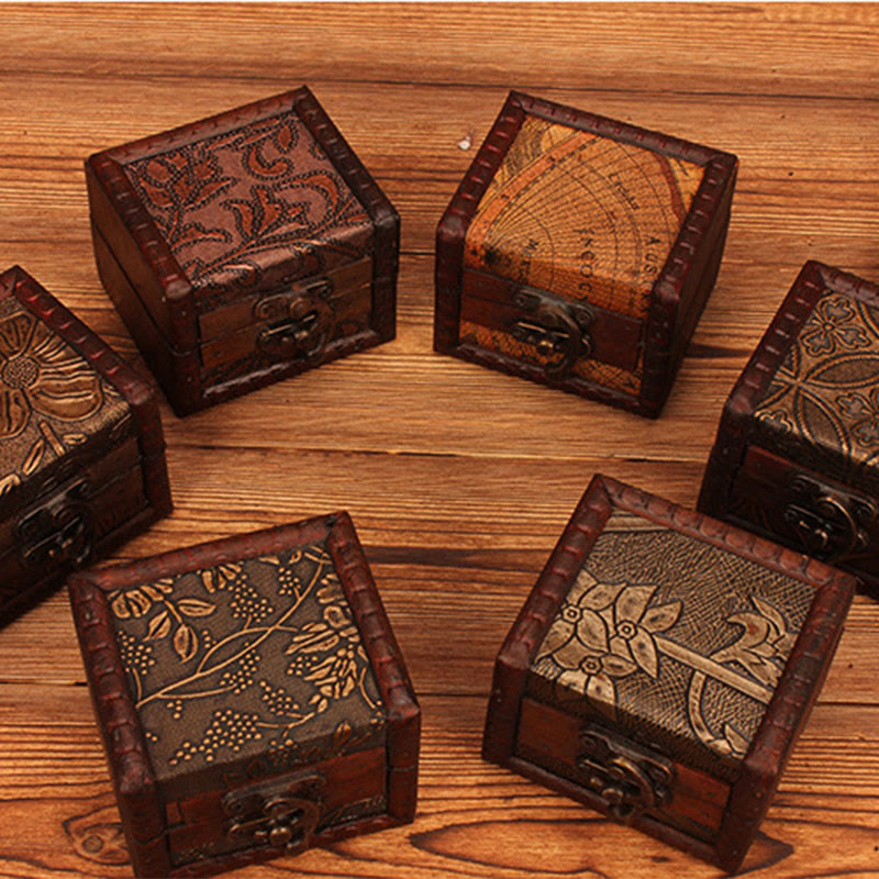 Retro Small Square Wood Jewelry Box with Lotus Design