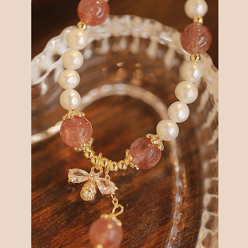 Bracelet de guérison en quartz fraise avec breloque abeille