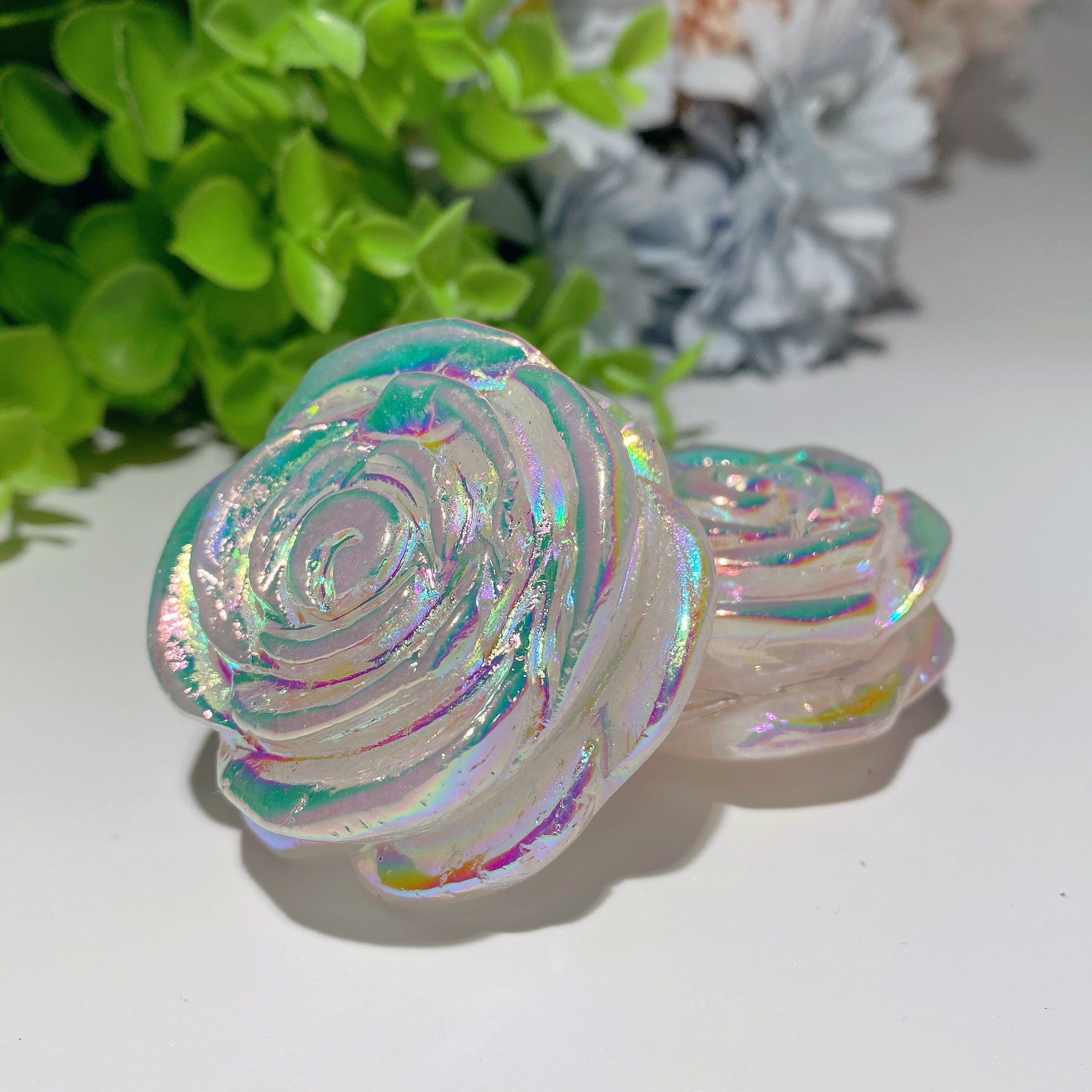 Sculpture de fleur en cristal de quartz rose Aura de 2,0 pouces