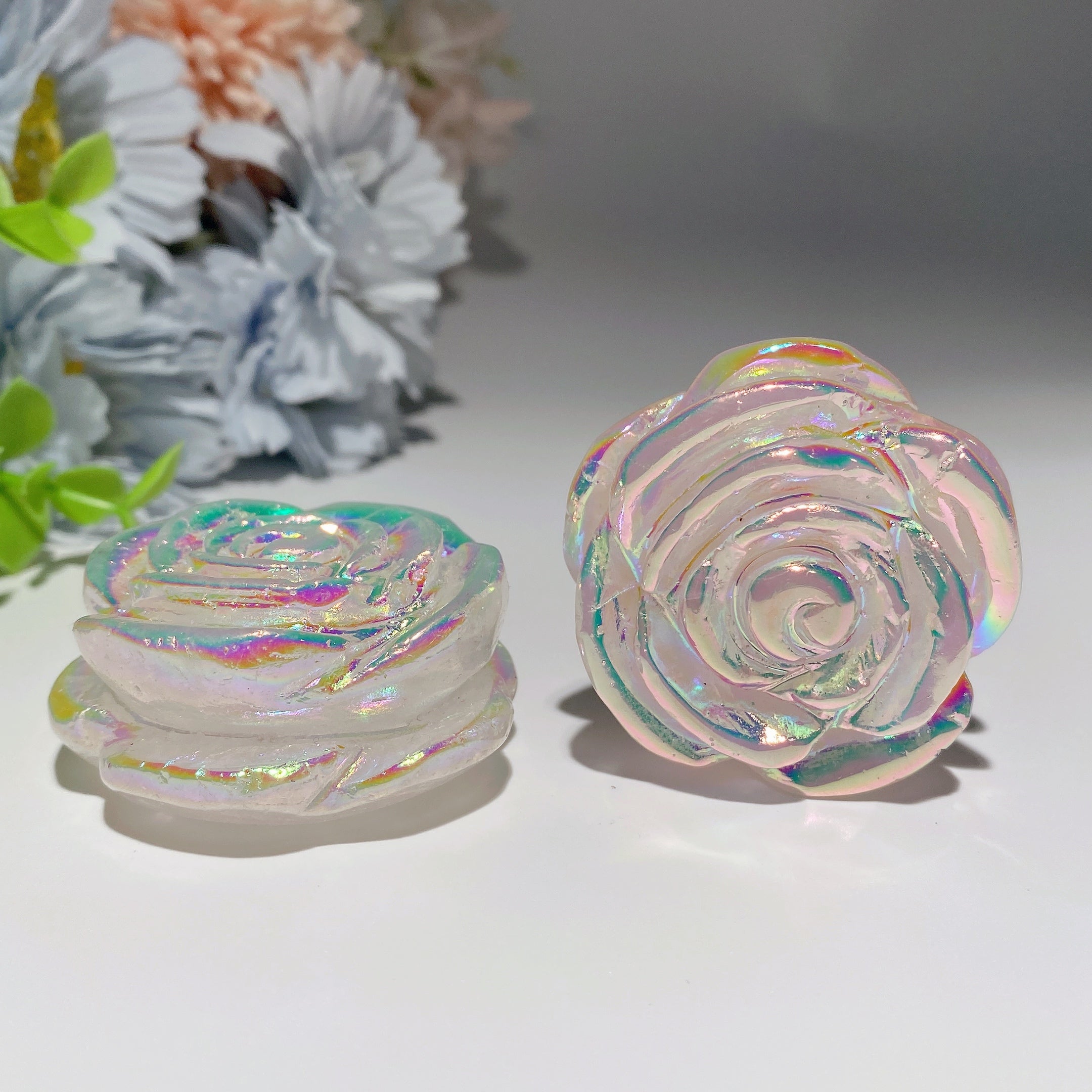 Sculpture de fleur en cristal de quartz rose Aura de 2,0 pouces