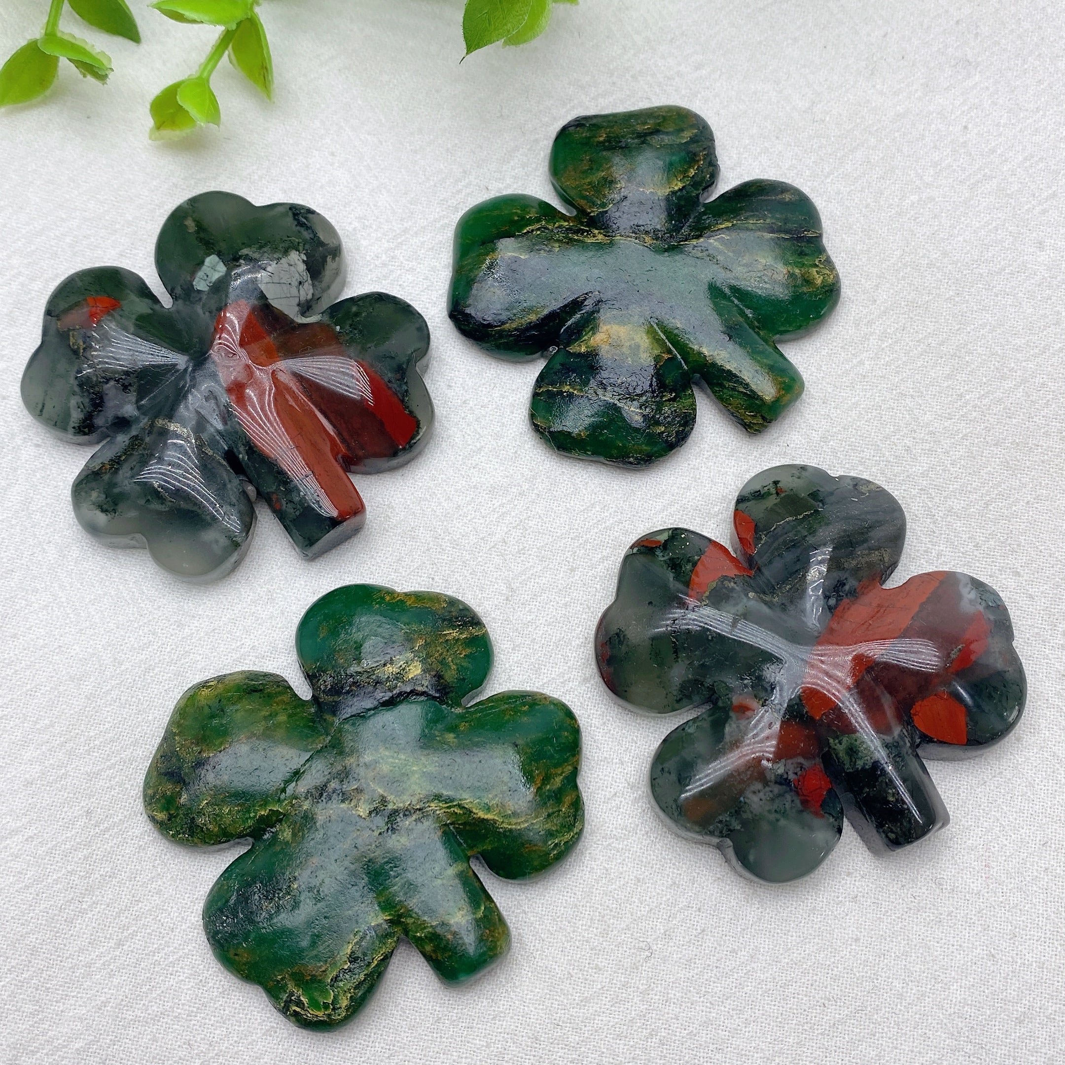 2.0 Inch Emerald Jade & Blood Stone Four-Leaf Clover Figurine