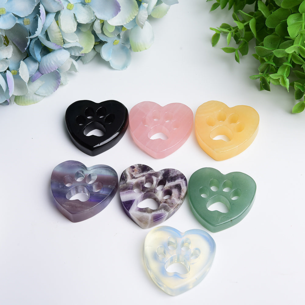 2.0" Mixed Crystal Heart Figurine with Cat Paw Carving