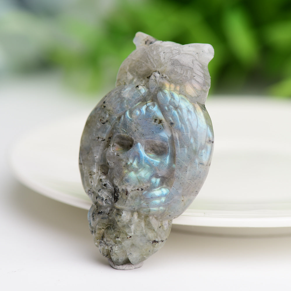 2.1-inch Labradorite Crystal Owl Carving with Skull Symbolism