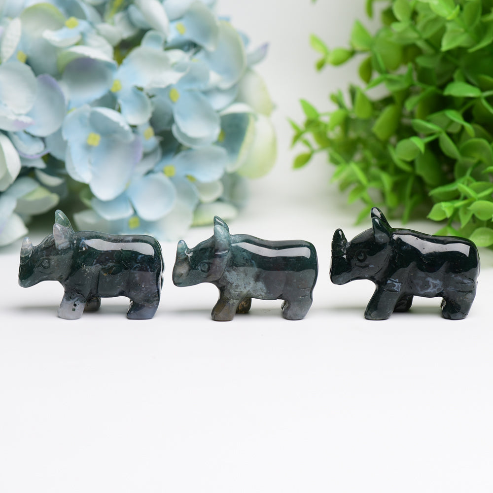 2.2 inch Moss Agate Crystal Rhinoceros Animal Carving
