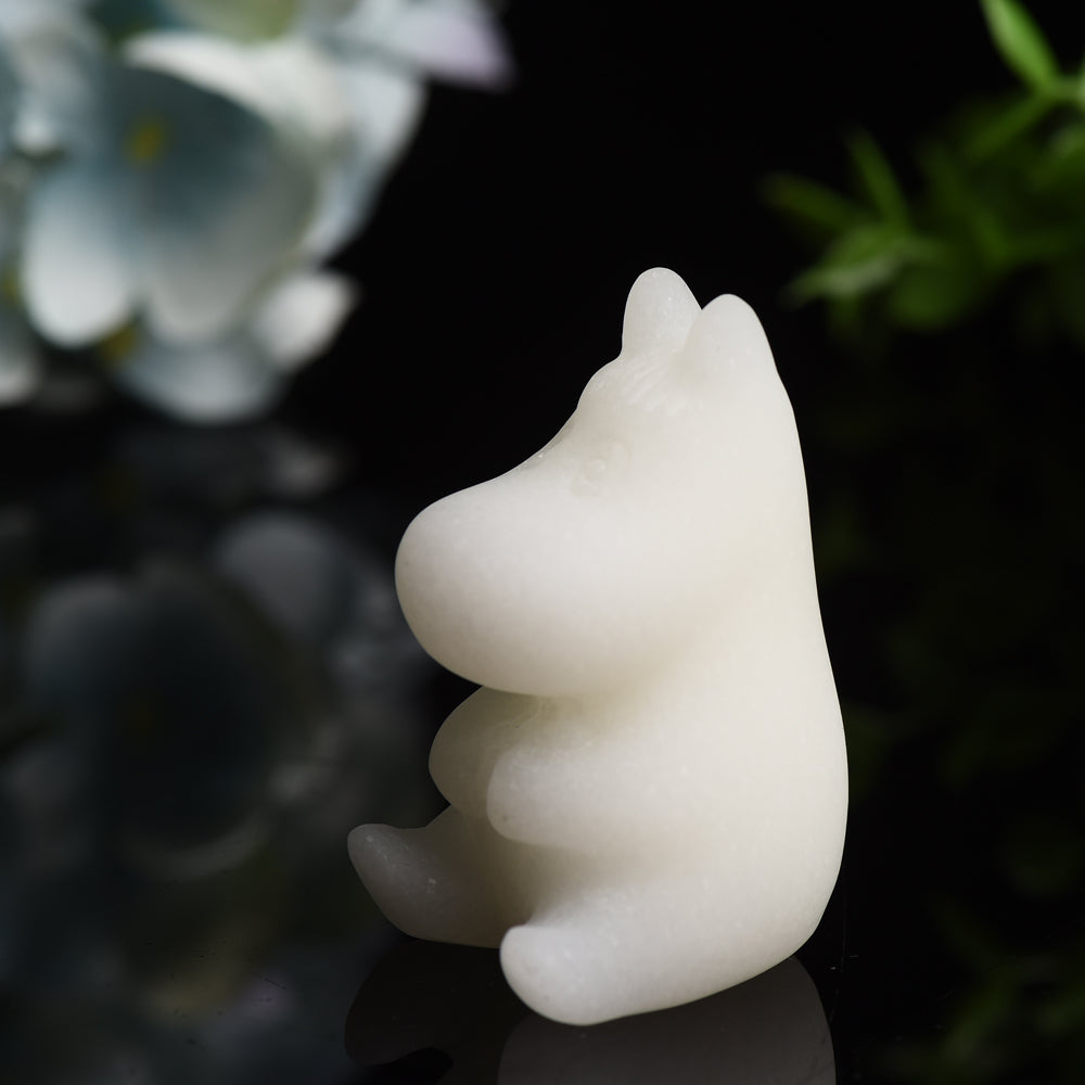Hippopotame en cristal de jade blanc sculpté de 2,2 pouces