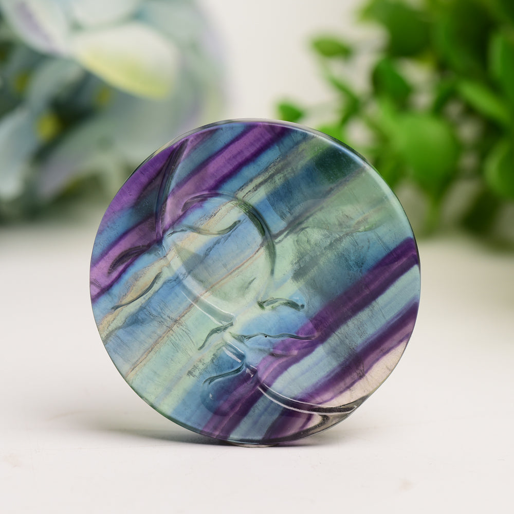 2.2" Rainbow Fluorite Sun Moon Face Crystal Carving Figurine