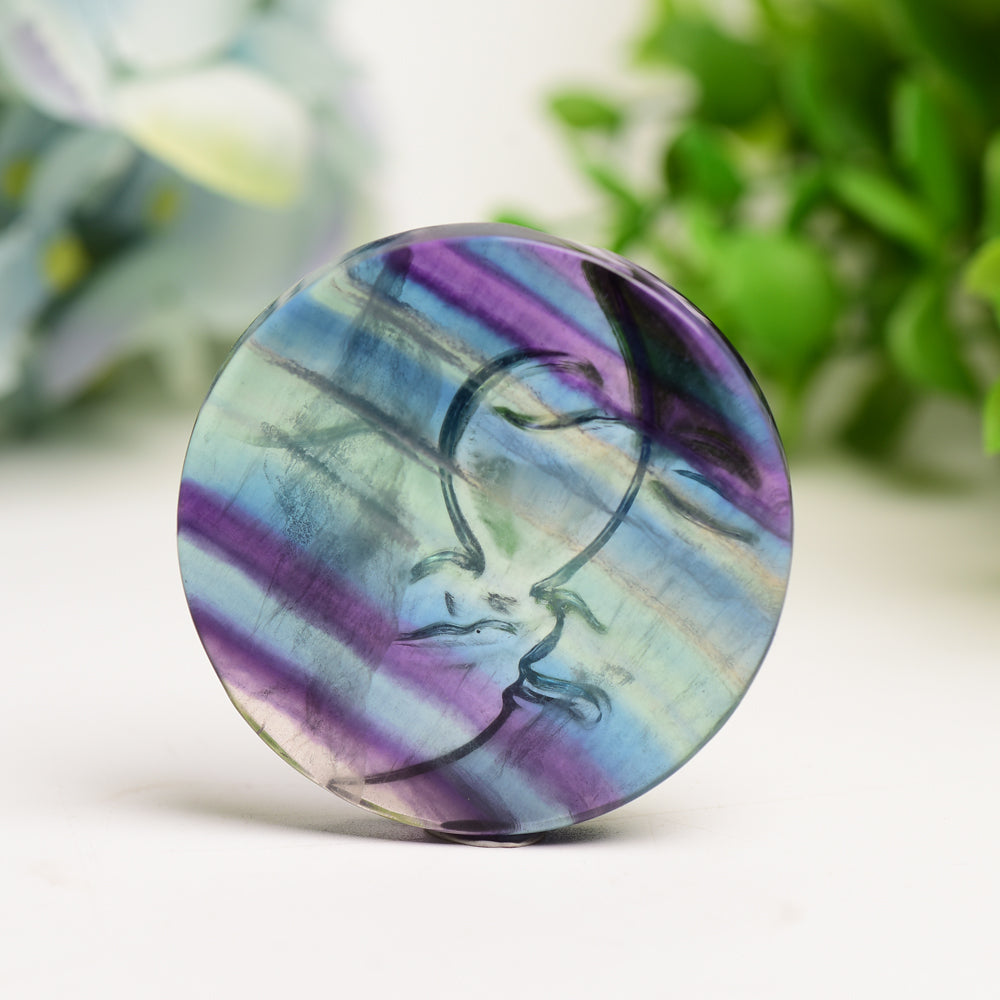 2.2" Rainbow Fluorite Sun Moon Face Crystal Carving Figurine