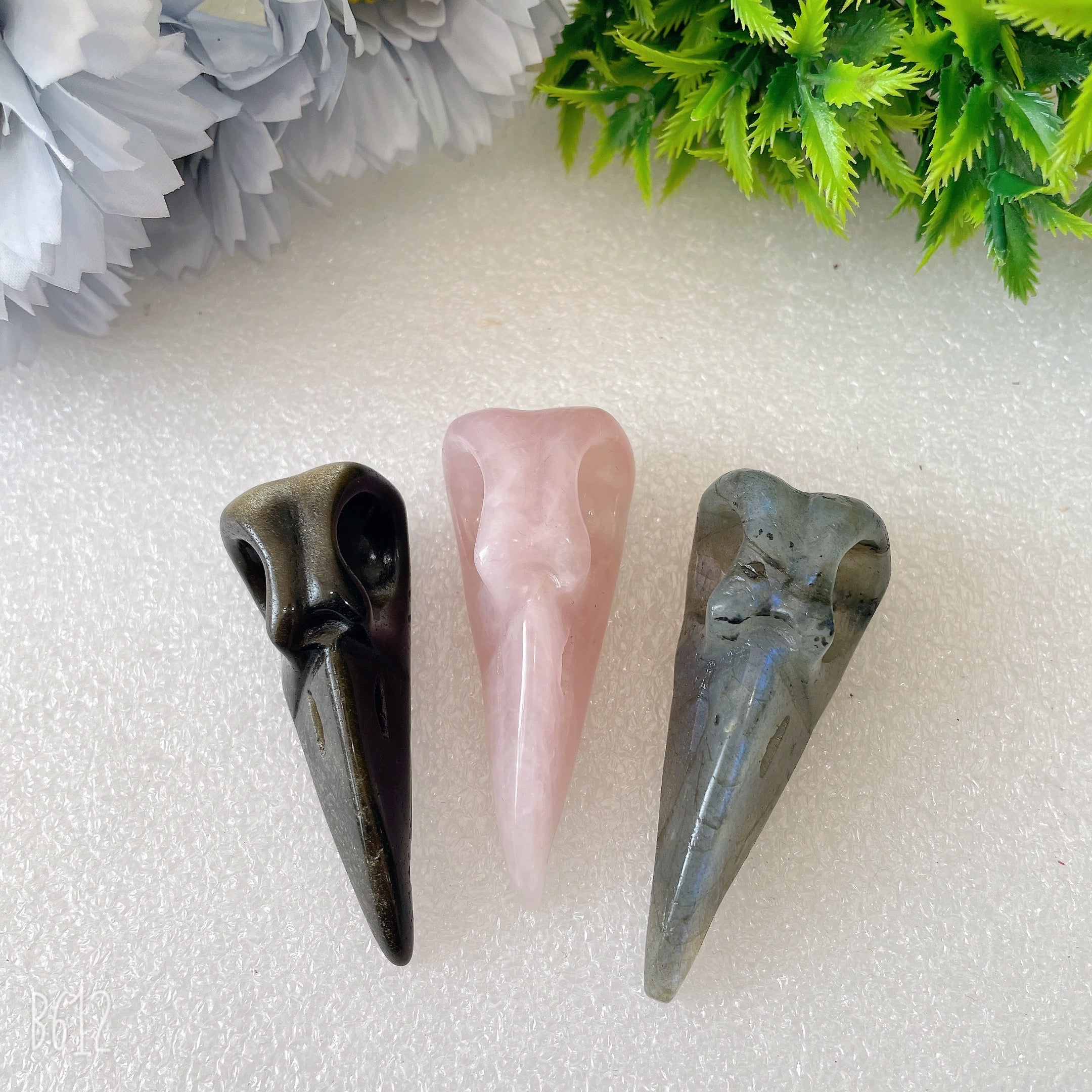 2.3-2.5 Inch Crystal Bird Skull Carvings in Obsidian, Quartz, Labradorite