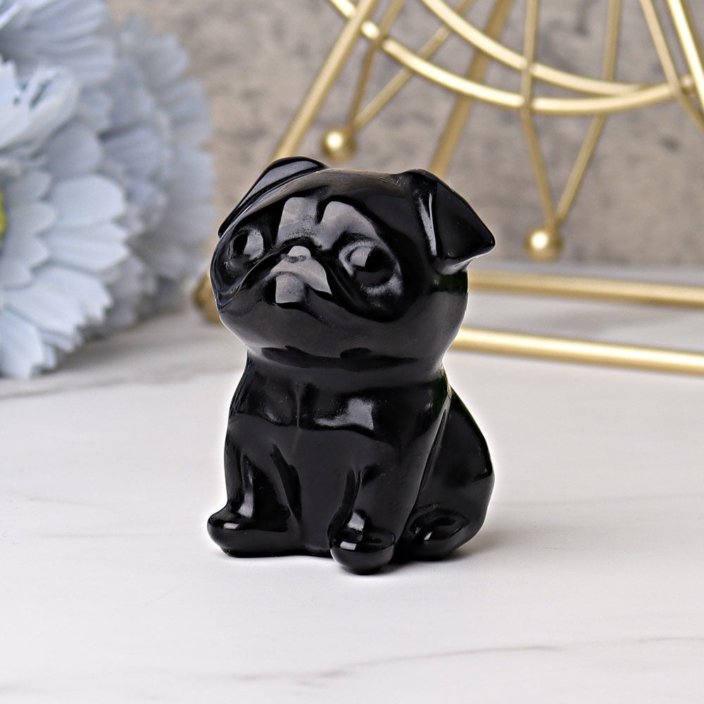 Figurine de chien carlin en cristal d'obsidienne noire de 2,3 pouces